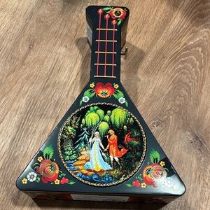 Decorative Black Balalaika with Floral and Scenic Design